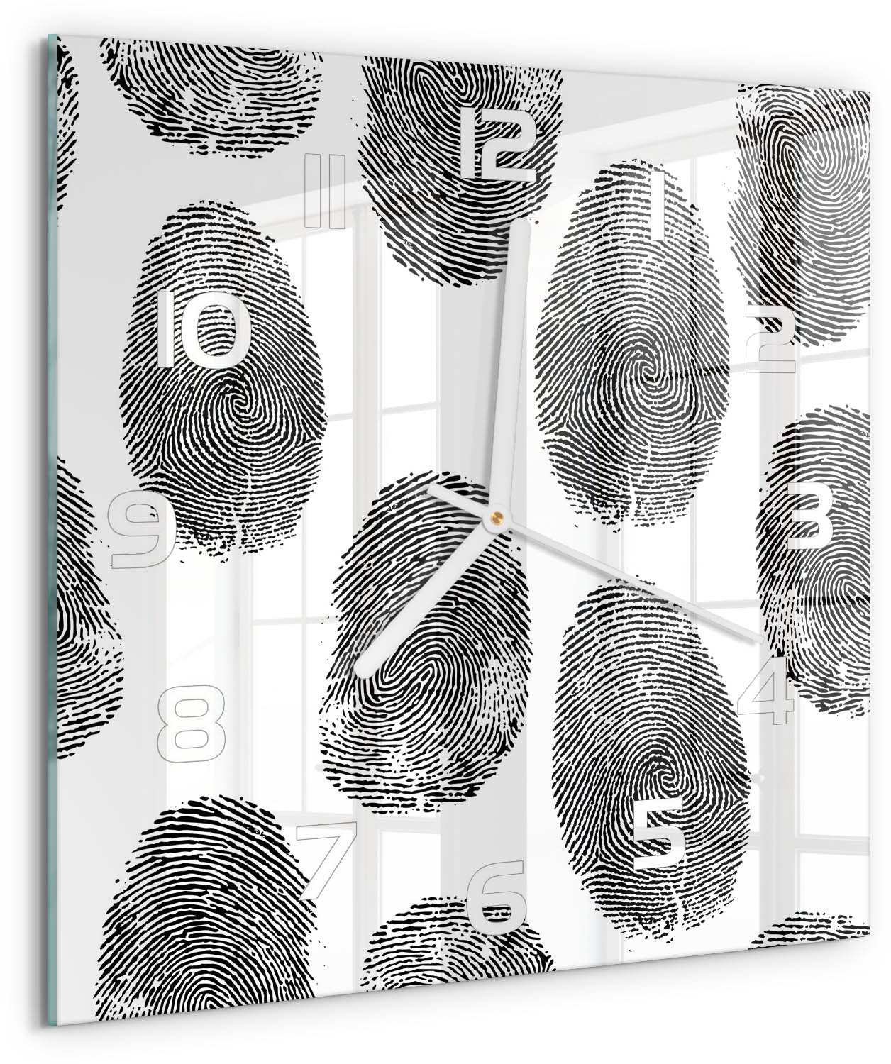 TULUP Wandklok - Vingerafdrukken Wandklok Glas Met Motief - 30x30 cm - Zwart-wit Decoratieve Glazen Klok - Witte handen - Vierkante Klok - Gekleurde Glazen Klok - Glazen Klok Met Print