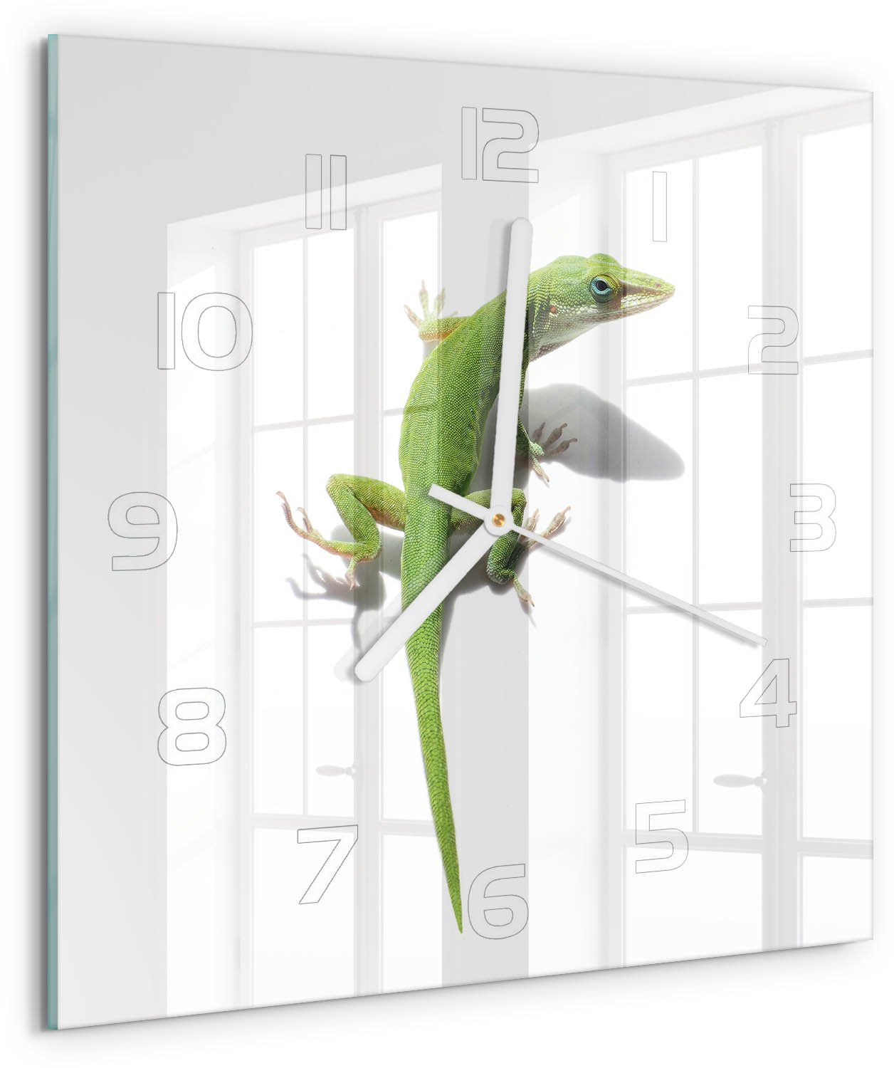 Tulup Wandklok - Groene hagedis Glazen Klok Met Print - 30x30 cm - Groente Wandklok Glas Met Motief - Witte handen - Vierkante Klok - Wandklok Glas Decoratie - Gekleurde Glazen Klok