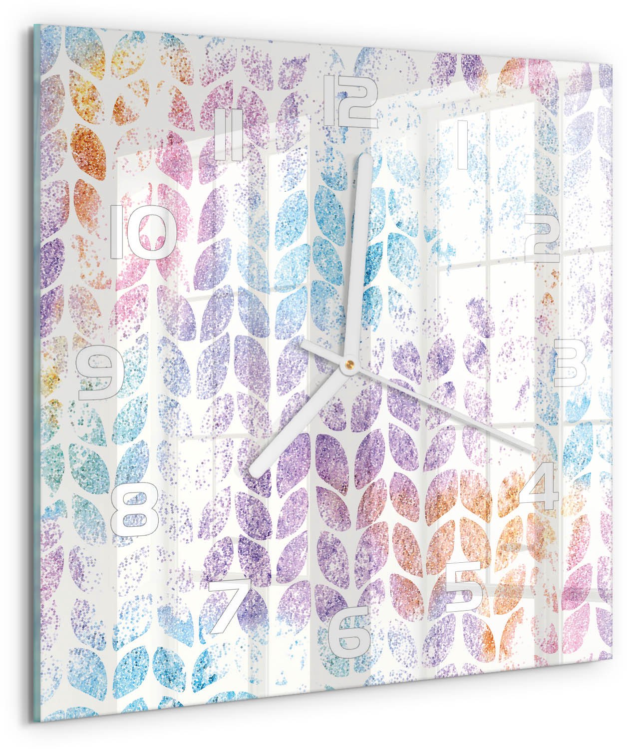 Tulup Wandklok - Kleurrijke bladeren Decoratieve Glazen Klok - 30x30 cm - Veelkleurig Glazen Wandklok Design - Witte handen - Vierkante Klok - Glazen Klok Met Print - Wandklok Glas Met Motief