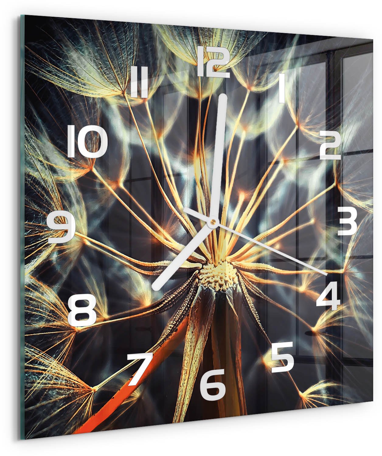 Tulup Wandklok - Paardenbloemtand Glazen Klok Met Print - 30x30 cm - Bruin Wandklok Glas Met Motief - Witte handen - Vierkante Klok - Wandklok Glas Decoratie - Gekleurde Glazen Klok