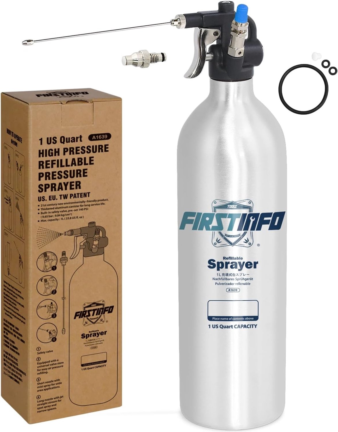 Aluminium fles 1000 ml - vulbare pneumatische nozzle - ideaal voor smering en corrosiebescherming - ShopVlot