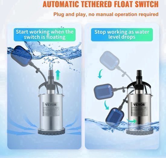 Vevor - Waterpomp - Rioolpomp - Dompelpomp - Schoonwaterpomp - Voor het pompen van water uit zwembaden - 9500L/H b - 550W - Zilver — afbeelding 3