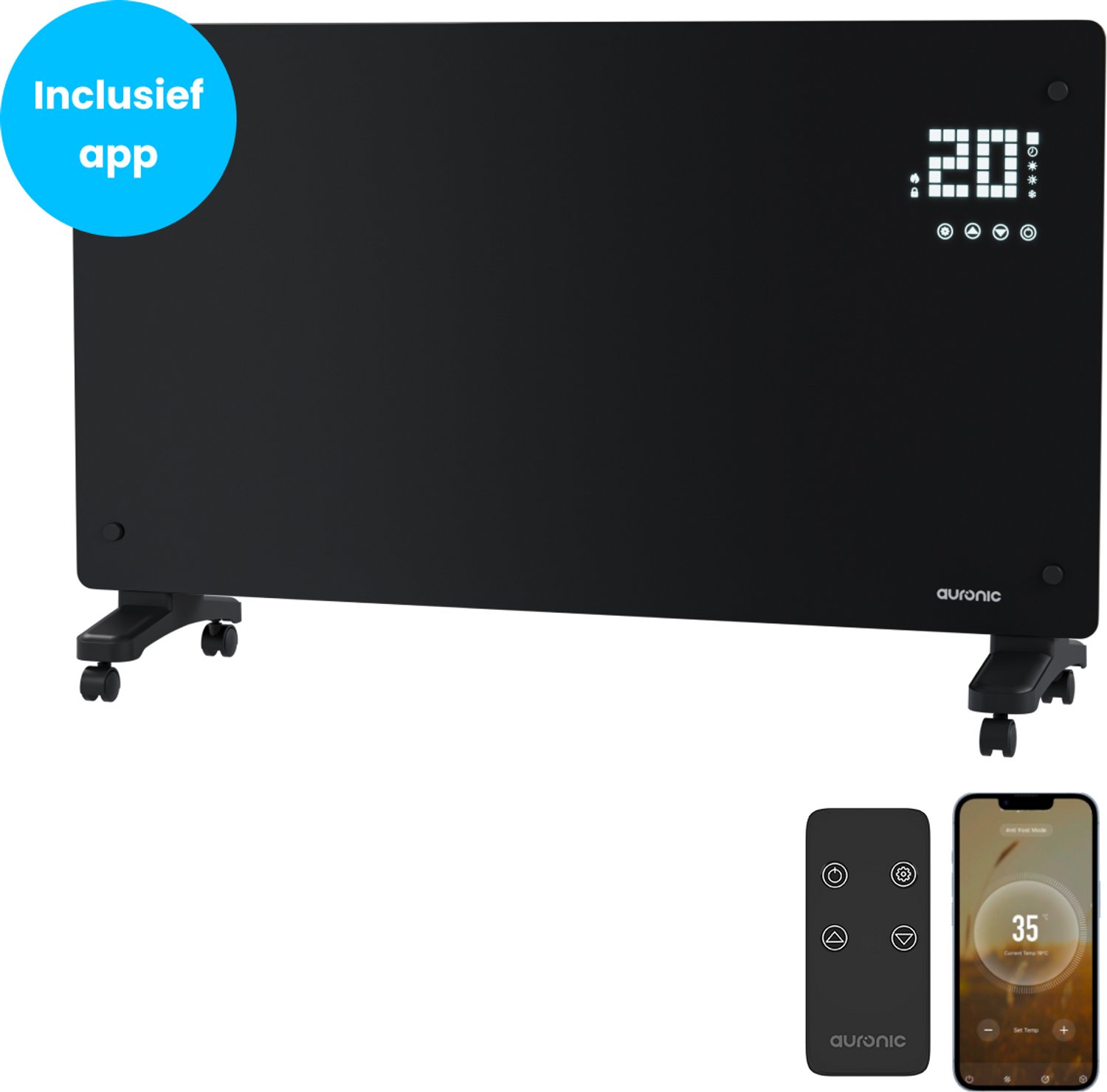 Auronic Elektrische Kachel Met App- 2500W - Convectorkachel Met Smart App & Afstandsbediening - Heater - Glazen Paneelverwarming - Badkamerverwarming - Zwart