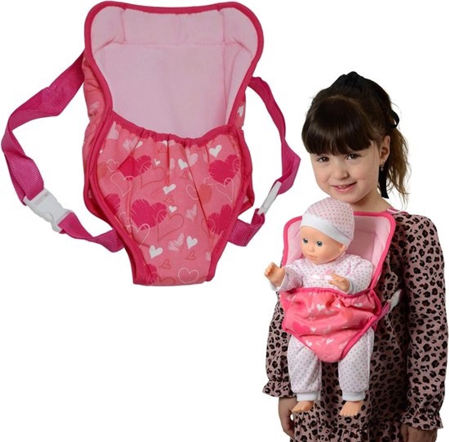 Poppendraagzak - Poppenrugzak - Voor het verzorgen van poppen - Verstelbare bandjes - Tot 51 cm - Roze