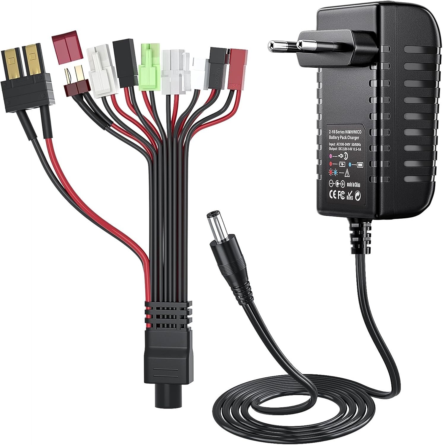 Acculader voor NiMH/NiCD Batterijen - Zwart - Voor 2-10s 2,4V-12V Accu's - Inclusief 9 Universele Adapters - Voor Auto, Boot, Vliegtuig en Drone