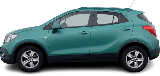 Groene Opel Mokka SUV, zijaanzicht, met zwarte wielkasten en dakrails.