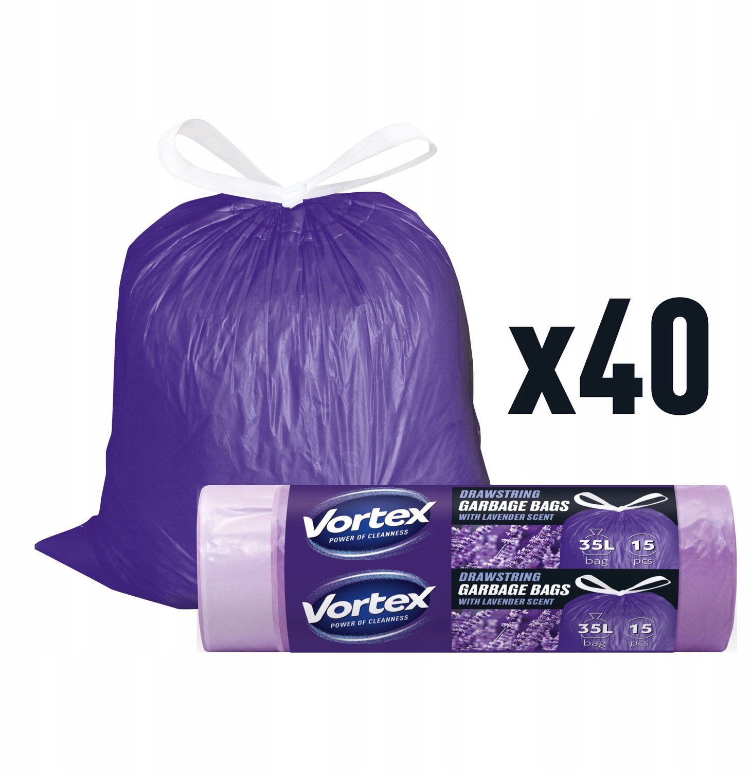 Vortex Afvalzakken 35L Lavendel - 600 stuks met trekband