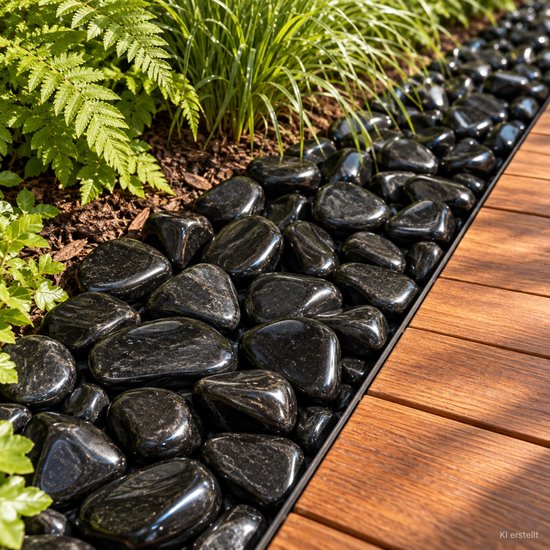 Gepolijste, glanzende, zwarte rivierkiezels liggen naast houten planken en groene planten.