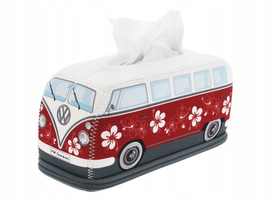 Witte tissuebox met rode, bloemrijke VW camperbus opdruk. De bus heeft witte bloemen met rode accenten en blauwe ramen.