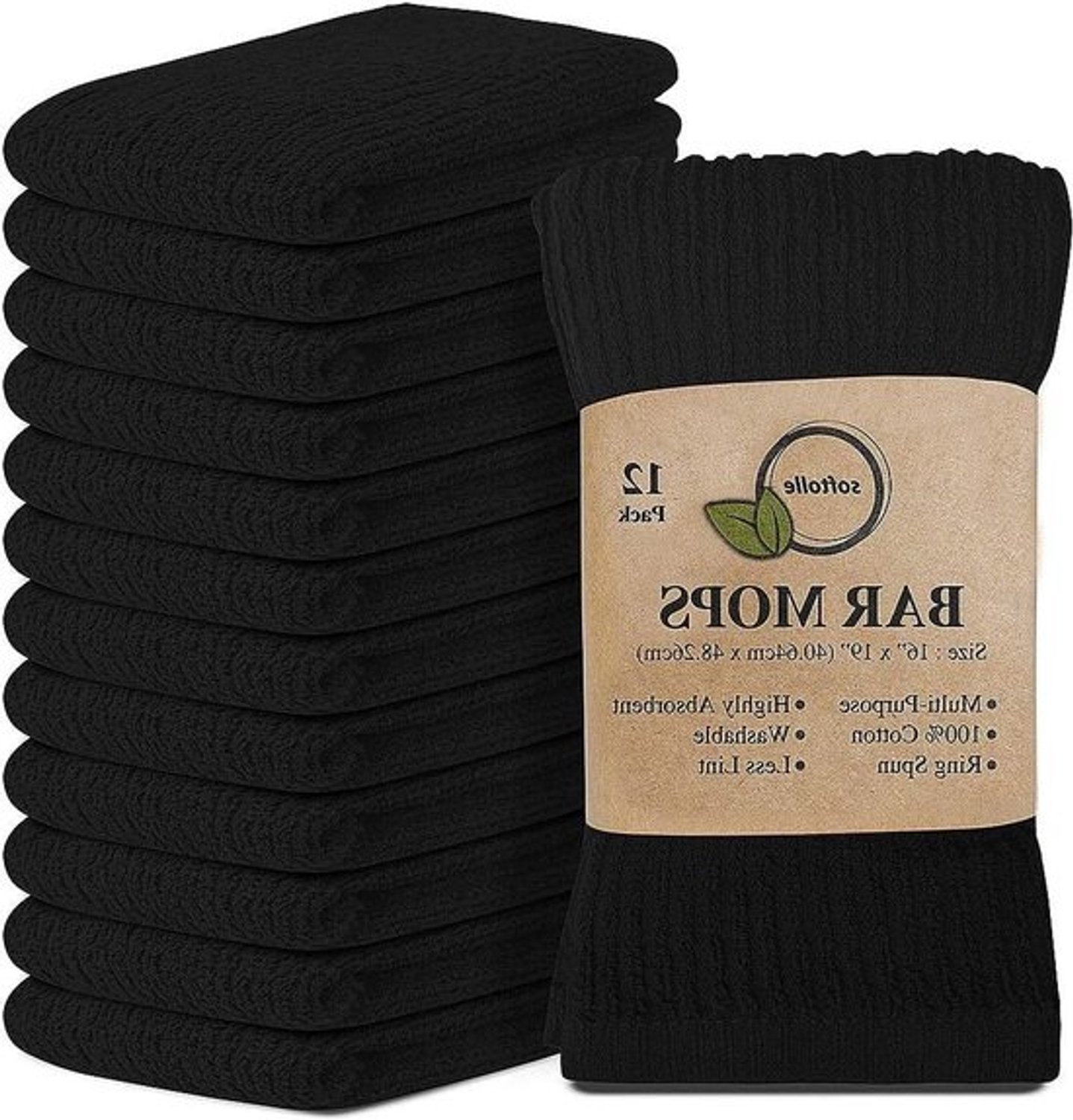 Keukendoeken Set van 12 - Extra Absorberende Bar Doeken - 100% Katoen - Zwart