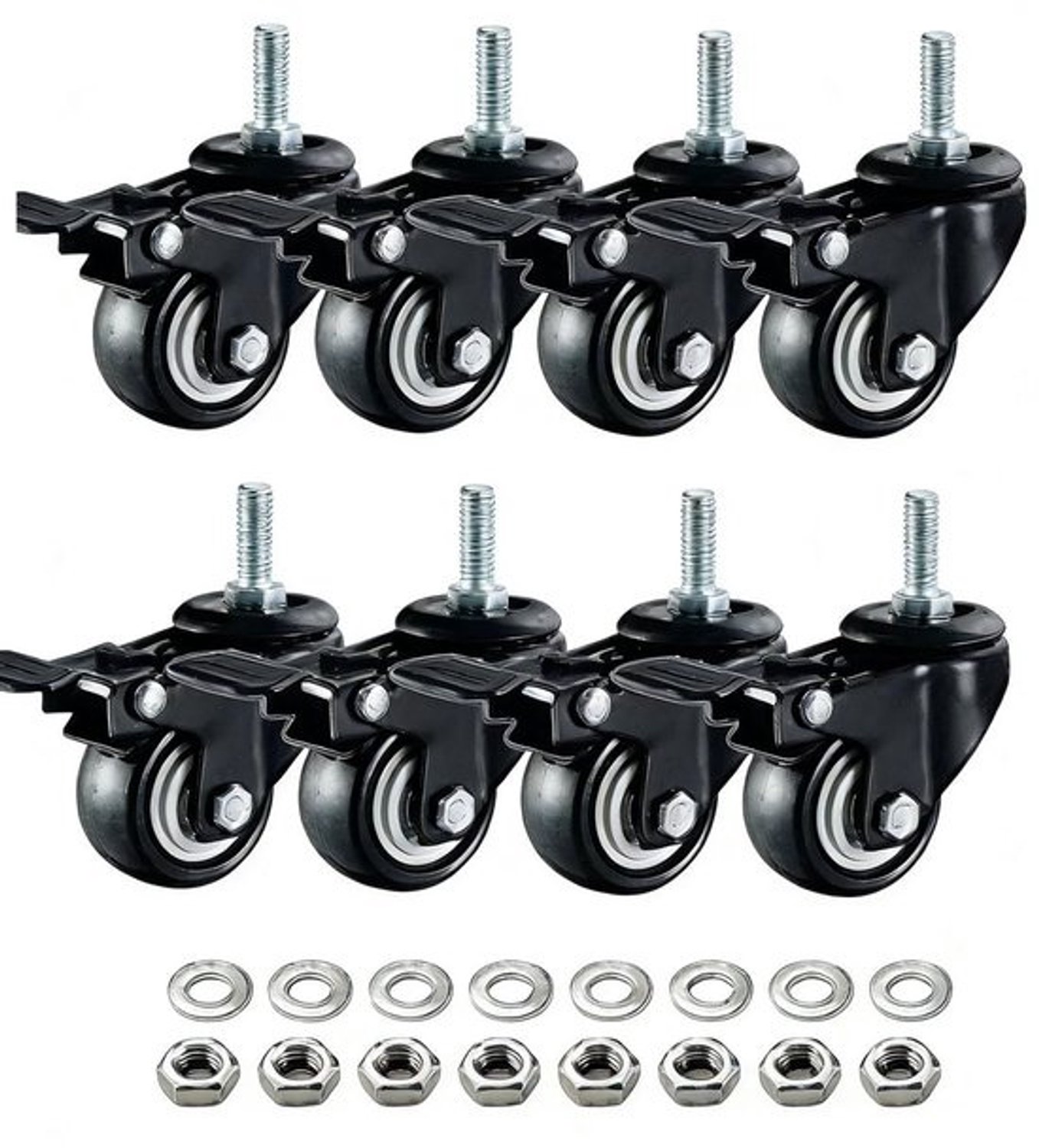 Robuust Zwenkwiel - Wiel met Stang - Mobiele Werkplek - Met Rem en Afstandhouder - 3.8cm Draad - Zwart