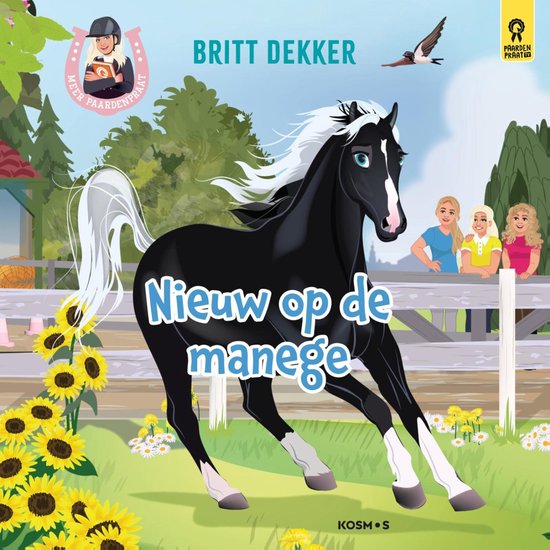 Boekomslag: een zwart paard met witte manen in een weide met zonnebloemen en drie meisjes op de achtergrond.