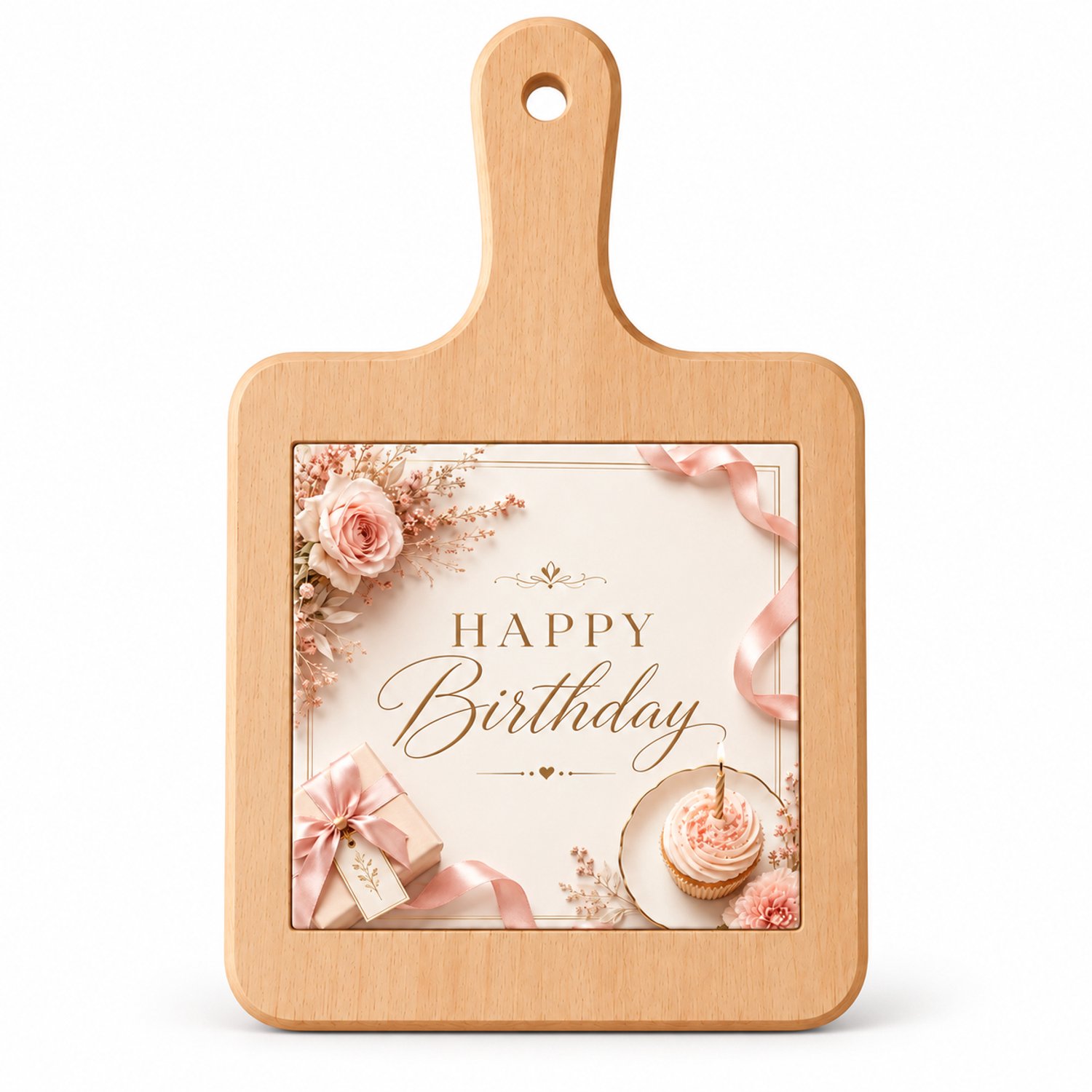 Kaasplank Happy Birthday – Met Keramische Tegel – Houten Serveerplank 18 x 31 cm – Verjaardag Cadeau