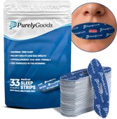 Bandes buccales Purely Goods avec évent d'air, 33 pièces. Bleu avec pois blancs et logo. Une bande sur un visage.