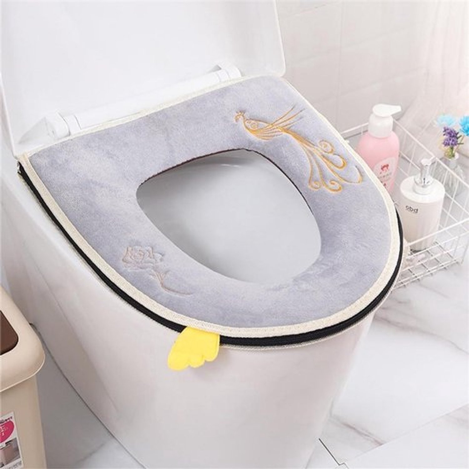 Wasbare toiletstoelhoes - Toiletzittingwarmer kussen - Badkamercomfort - Huidvriendelijke pluche stof - Universele maat - Grijs