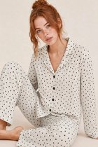 JANE WOLF Dames Pyjama Set 2-delig - Ecru met Zwarte Hartjes - Lange Mouw - Lange Broek - Relaxed Fit - Model 4758 Maat L