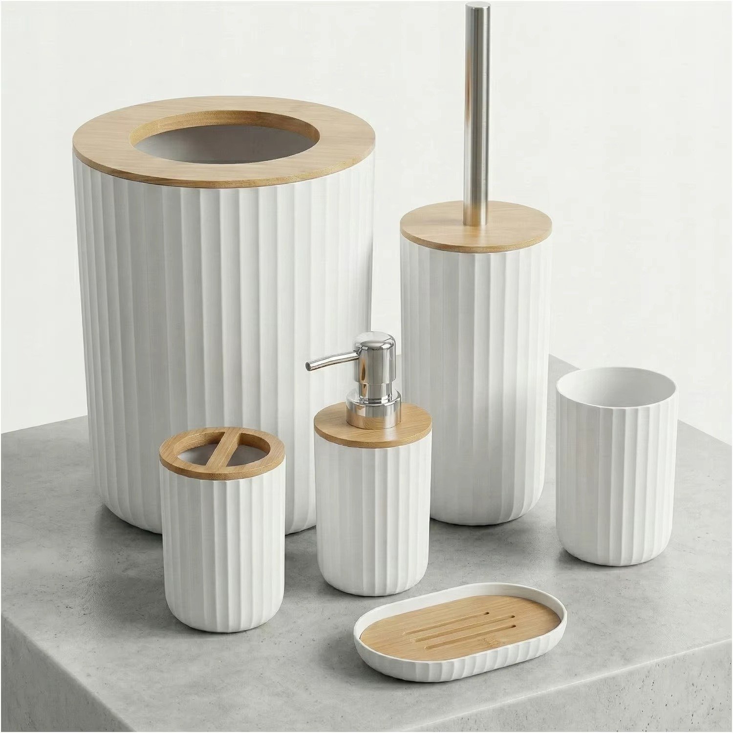 CreateEcom badkamer accessoires - badkamerset - 6-delig - badkameropbergmand, tandenborstelhouder, zeepdispenser, toiletborstelhouder, badkamerorganizer voor aanrecht - stijlvolle badkamermeubelset voor thuis, hotel, gastenbadkamer - wit
