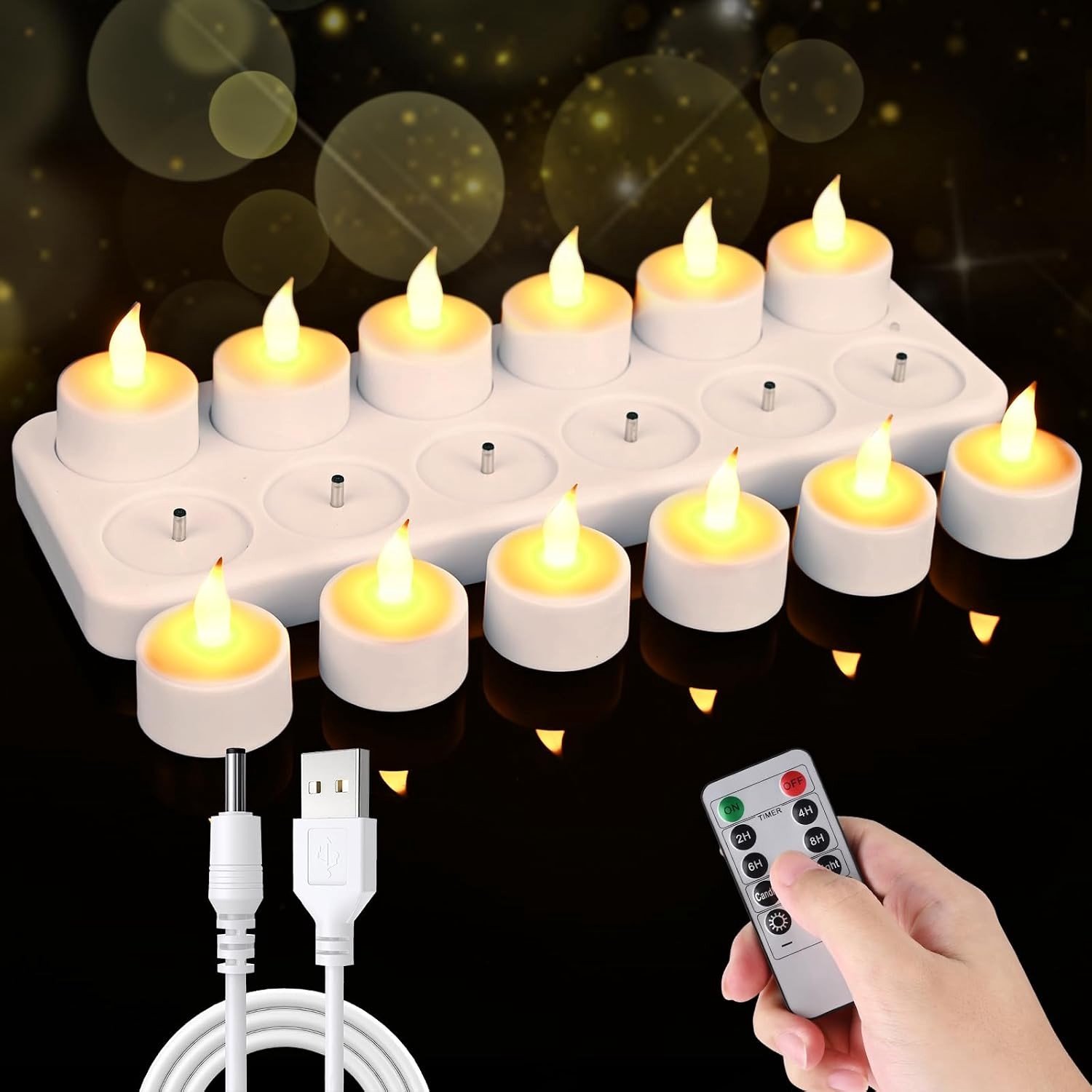 Oplaadbare LED-theelichtjes met Laadstation - Wit - 12 Stuks - Energiebesparend - Voor Decoratie
