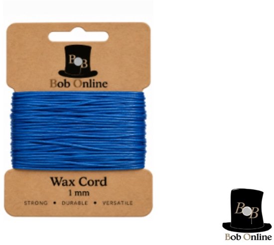 Blauw waxkoord, 1 mm dik, gewikkeld op een kartonnen kaart van Bob Online.