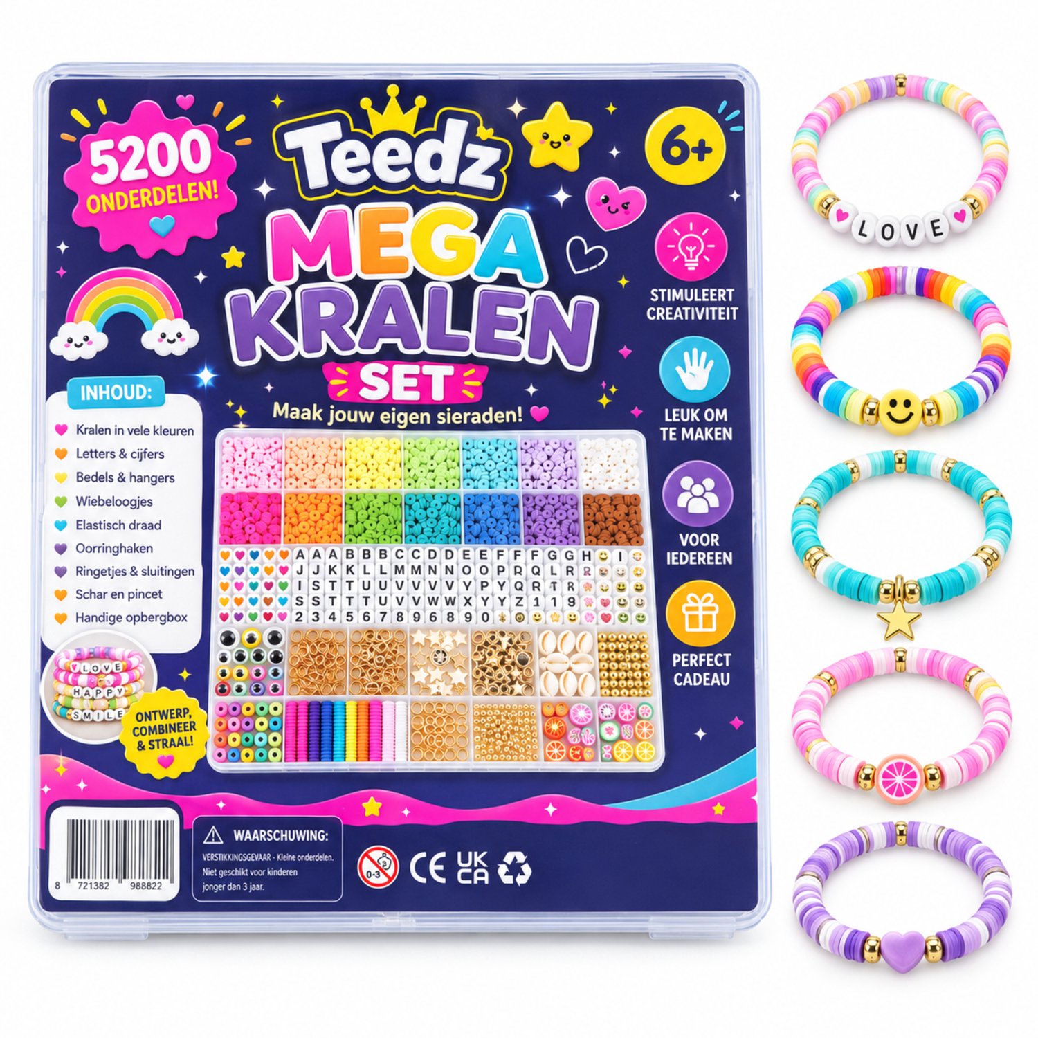 Teedz Mega Kralen Set – 5200 Onderdelen – Sieraden Maken voor Kinderen vanaf 6 Jaar – Katsuki Kralen, Letterkralen en Bedels – Armbanden en Oorbellen Maken – Met Opbergbox