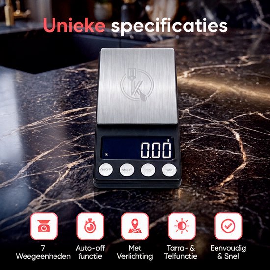 Kitchenwell digitale mini precisie keukenweegschaal - 0,01 tot 200 gram - 14.2 x 7.5 cm - pocket scale op batterij - weegschaal keuken — cadeau in Kookcadeaus - foto 4