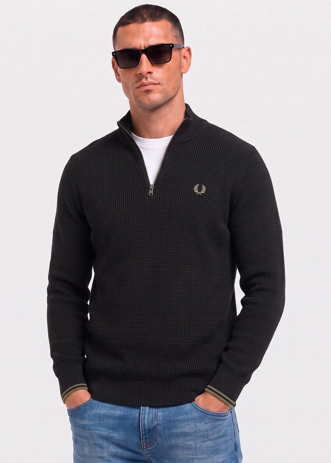 Fred Perry Waffle stitch half zip jumper Zwart