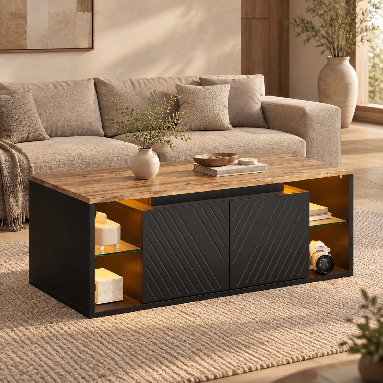 CHICFURN Salontafel - LED-verlichting - 2 deuren - Zwart