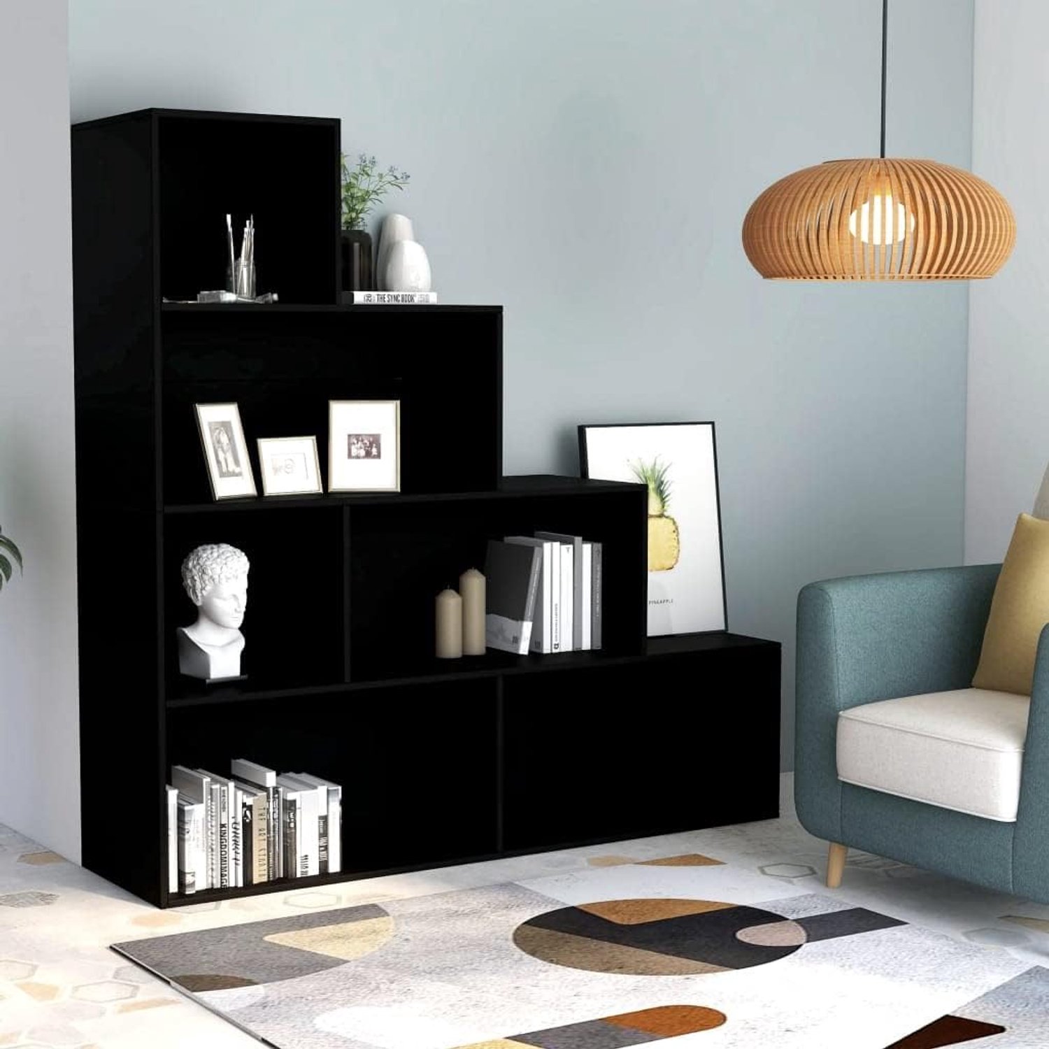 Moderne Boekenkast Ruimteverdeler met 6 Open Vakken 155 x 24 x 160 cm Zwart – Boekenkast, Open Kastenwand en Opbergrek voor Woonkamer