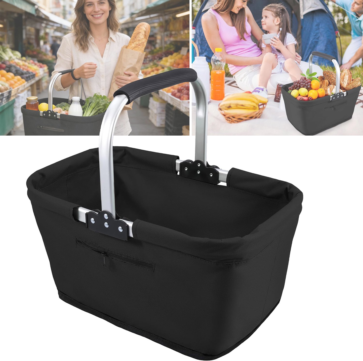 26L Opvouwbare Picknickmand - Winkelmandje Van Oxford-Stof - Praktische Opvouwbare Mand Met Handgreep Van Aluminiumlegering