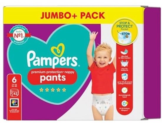 Pampers Premium Protection Jumbo+ Pack maat 6 luierbroekjes met een lachend kind in een rood T-shirt.