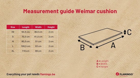 Maattabel voor het Weimar kussen met afmetingen in cm voor de maten XS tot XL, inclusief diagram.