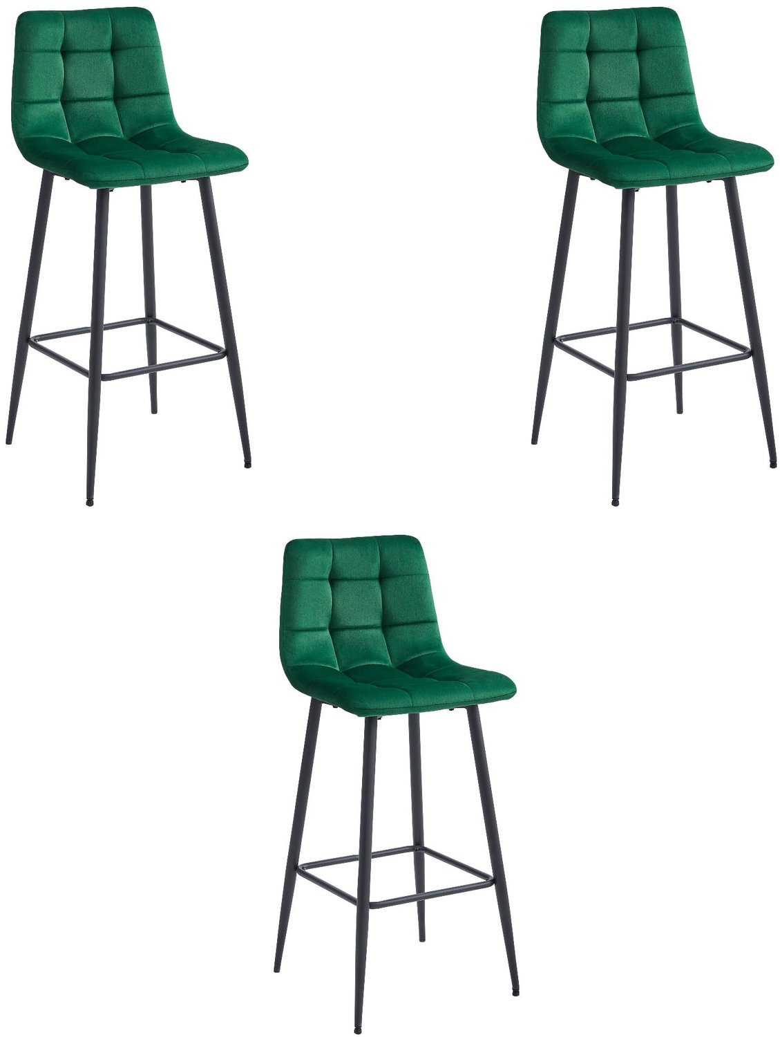 LEOBERT ARCETO Barkrukken – Set van 3 – Donkergroen Velvet – Zwarte Metalen Poten – Met Rugleuning – Met Voetsteun – Modern Design – Voor Keukeneiland, Bar en Keuken – Max. 110 kg per Kruk