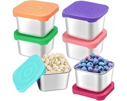 Mini Vershoudbakjes - 6 Stuks - Dressingpotjes - RVS Snackbox - Snackdoosjes - Lekvrij - Herbruikbare Maaltijdbox - Voorraaddoosjes Met Deksel Uit Siliconen - Dressing Bakje - 7,4 x 7,4 x 4,8 cm - Voor Snack,Dips,Salade,Specerijen Enz - 6 Kleuren