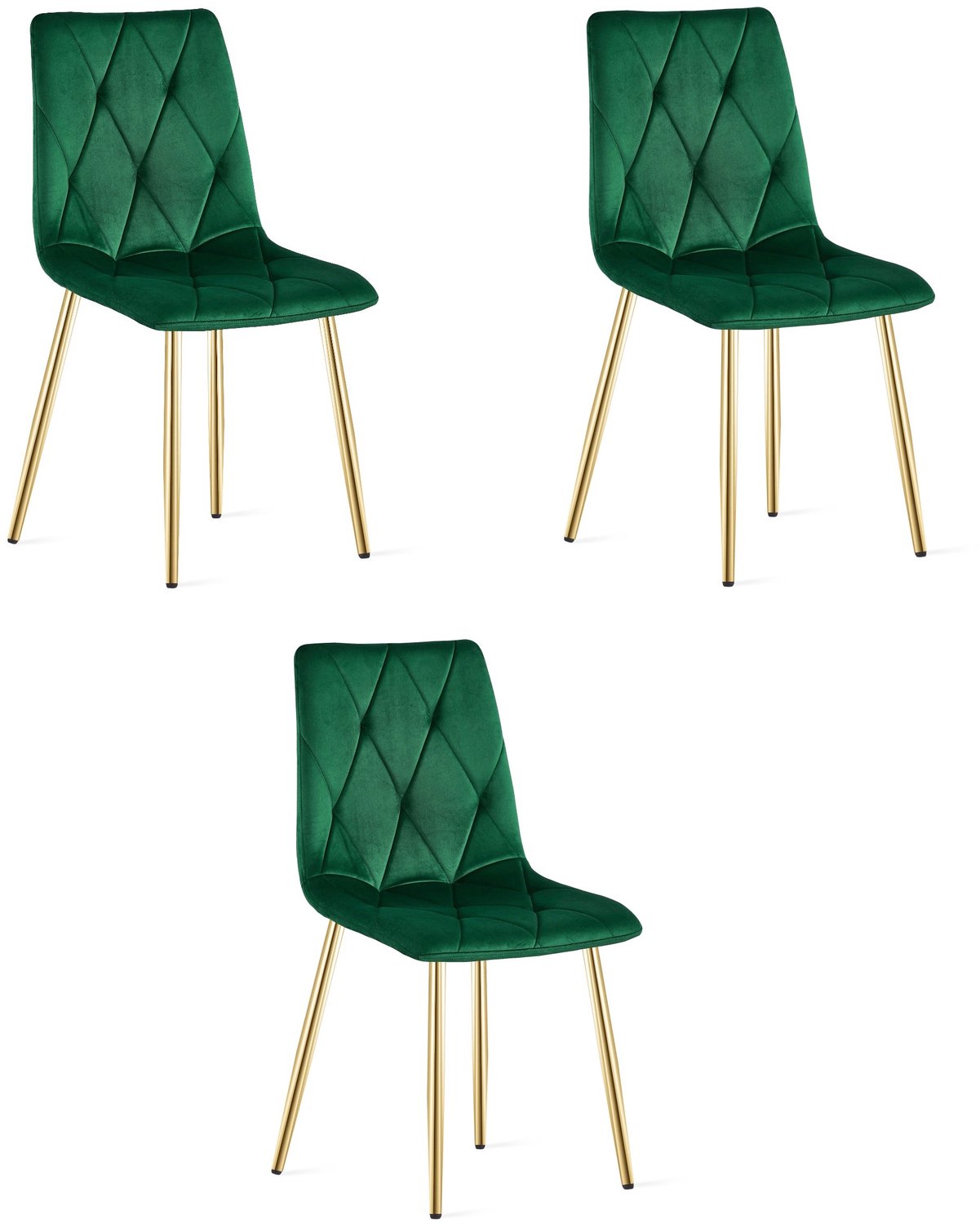 LEOBERT LIBRA Eetkamerstoelen – Set van 3 – Groen Velvet – Goudkleurige Metalen Poten – Comfortabele Gestoffeerde Zitting – Modern Design – Velvet Stoel voor Woonkamer, Keuken en Eetkamer – Max. 110 kg per Stoel