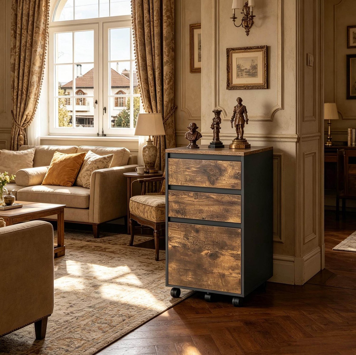 CHICFURN Archiefkast - Mobiel - 3 laden - Zwart en donker eiken