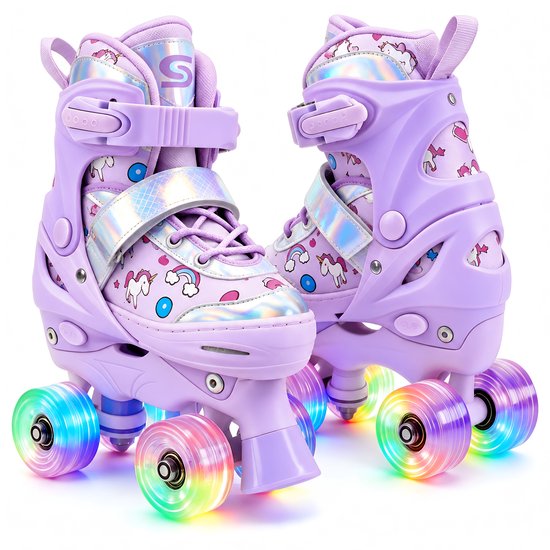 Paarse Suotu rolschaatsen met eenhoorn- en regenboogprint, iriserende accenten en oplichtende wielen.