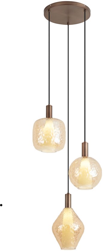 Driepunts hanglamp van Qazqa met drie getextureerde glazen bollen in bronskleur aan zwarte snoeren.