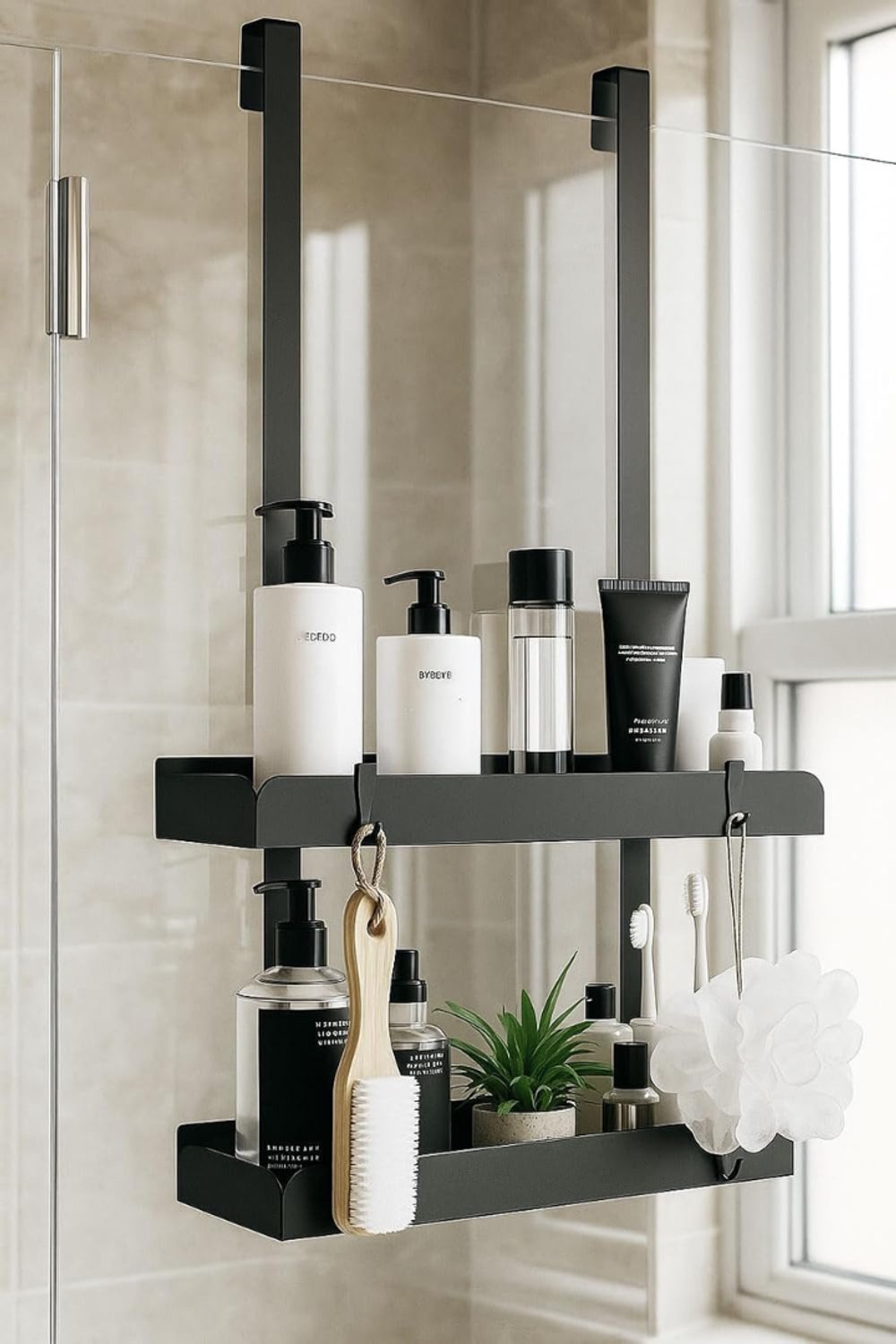 Levo® Doucherek aan Douchewand - Hangend Badkamerrek – Deurrek Met Mandjes – Doucheplank Met Haakjes – Ophangbaar Doucherek Zonder Boren – Zwart - 13cm x 31cm x 56cm