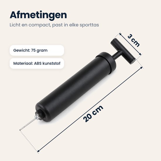 Afmetingen van de zwarte pomp: 20 cm lang, 3 cm breed; tekst: Afmetingen, Gewicht: 75 gram, Materiaal: ABS kunststof.