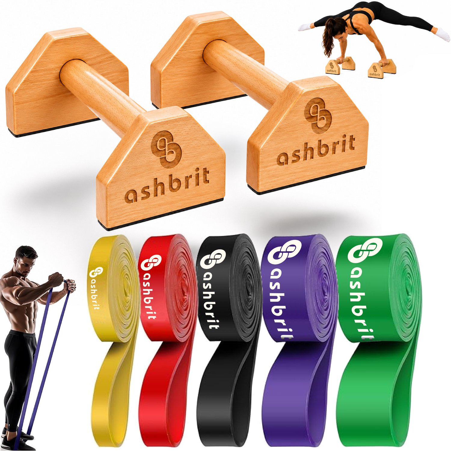 Ashbrit® Calisthenics Voordeel Pack – Houten Parallettes met Weerstandsbanden – Push Up & Krachttraining Set