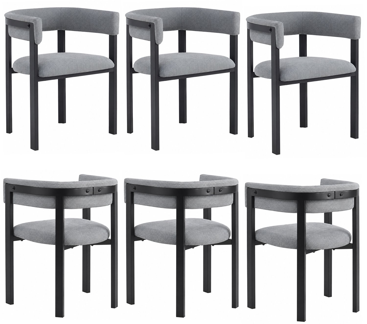 SONNENH Eetkamerstoelen set van 6 - Grijze chenille - Rondlopende rug en armleuningen - Zwart metalen frame