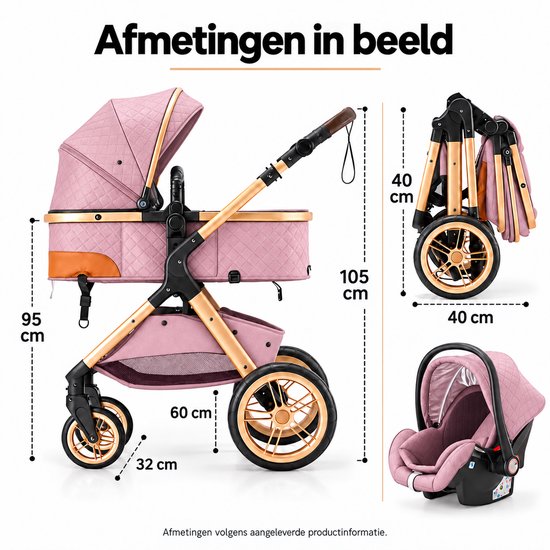 Lunola Elin Kinderwagen 3 in 1 - Buggy met Autostoel - Wandelwagen - Premium Uitvoering - Inclusief Accessoires - Roze — afbeelding 2