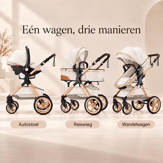 Lunola Elin Kinderwagen 3 in 1 - Buggy met Autostoel - Wandelwagen - Premium Uitvoering - Inclusief Accessoires - Wit — afbeelding 5