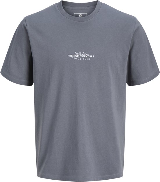Grijze heren-T-shirt met korte mouwen en witte opdruk op de borst.