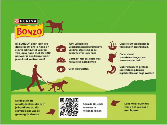 Achterkant verpakking Bonzo hondenvoer met informatie over ingrediënten, duurzaamheid en een QR-code.