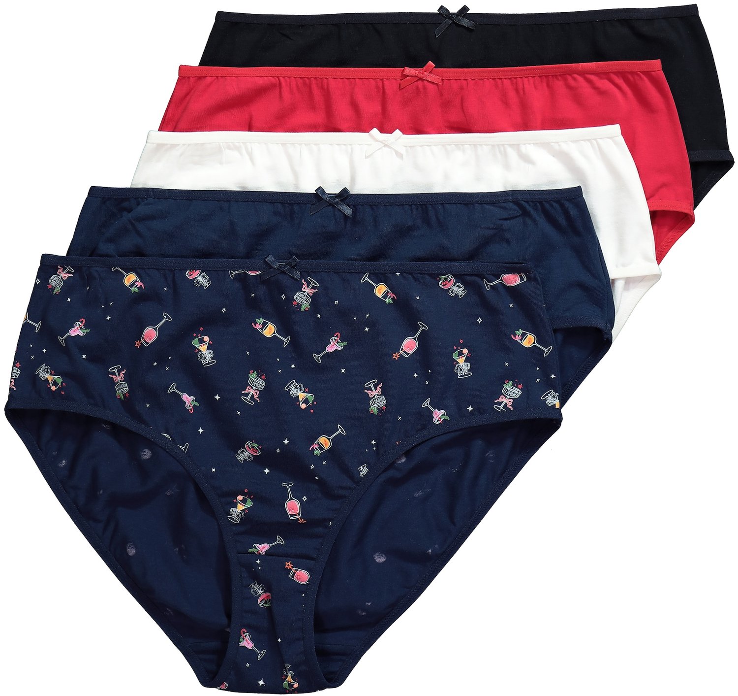 Ulla Popken - Dames - Midislips set van 5 cocktailpatroon/effen - Nachtblauw - Maat 54+