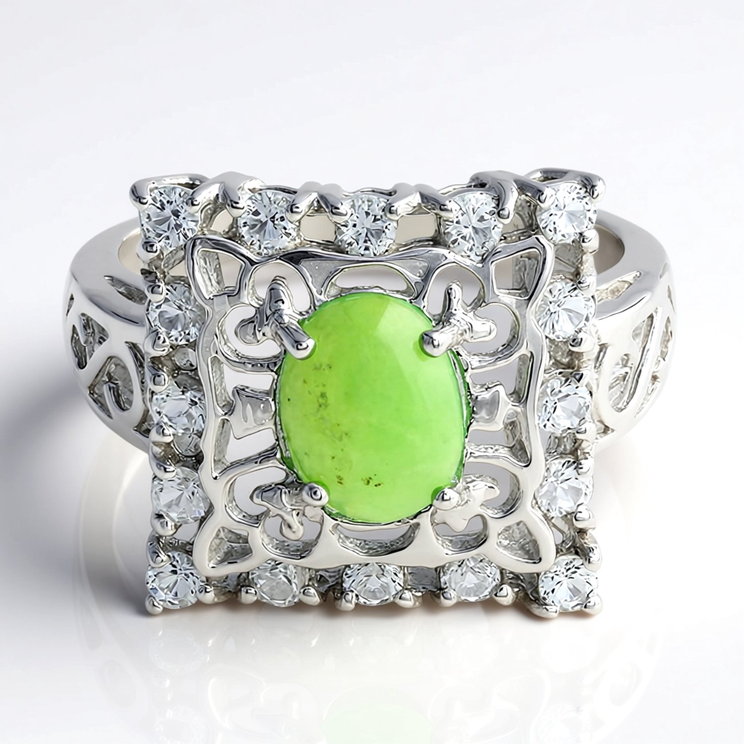 Cavill - Zilveren Ring 925 Sterling met Ovale Keizerlijk Chrysopraas 0.53ct & 16 Witte Topaas 0.64ct - Elegante Damesring - Natuurlijke Edelstenen