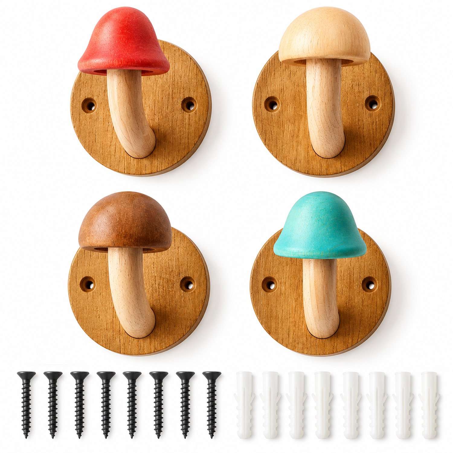 Kapstok Haak - Houten Mushroom Kapstokken - Paddenstoelvormige Muurhaak - Voor Jassen, Hoeden, Handdoeken, Tassen - Inclusief Schroeven - Massief Hout - 4 Stuks