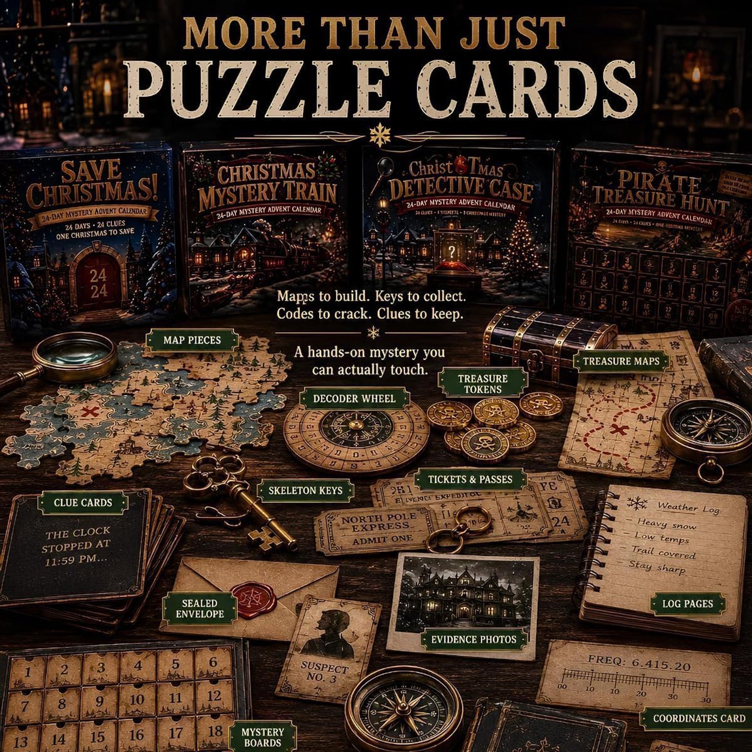 Adventskalender 2026 met Puzzels - 24 Dagen Mystery Adventure - Escape Room Spel voor Thuis - 6 Mysterieverhalen - Interactieve Kerst Countdown - Dagelijkse Raadsels & Verborgen Aanwijzingen - Voor Tieners, Volwassenen & Gezin - Winter Cabin – foto 2