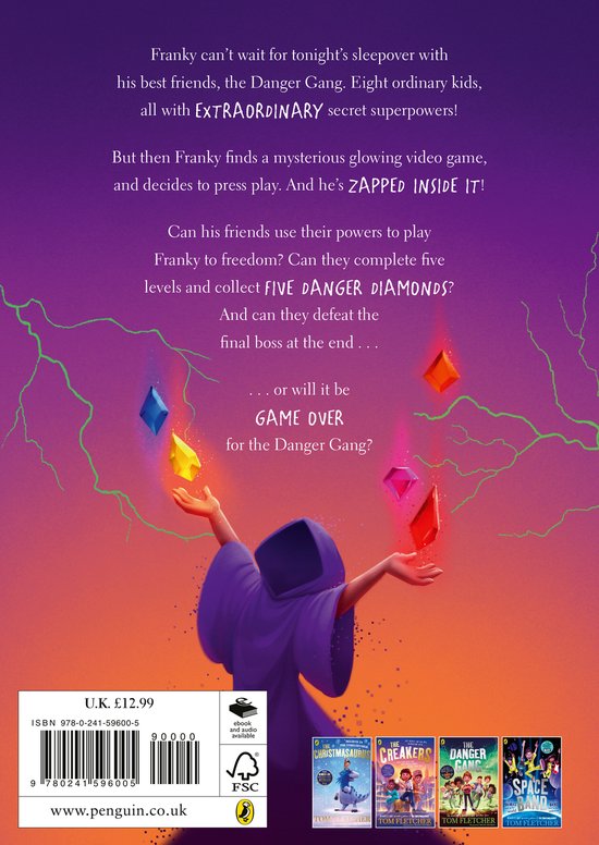 Achterkant van 'The Danger Gang' boek met een paars figuur dat vijf zwevende diamanten vangt tegen een bliksemachtergrond.